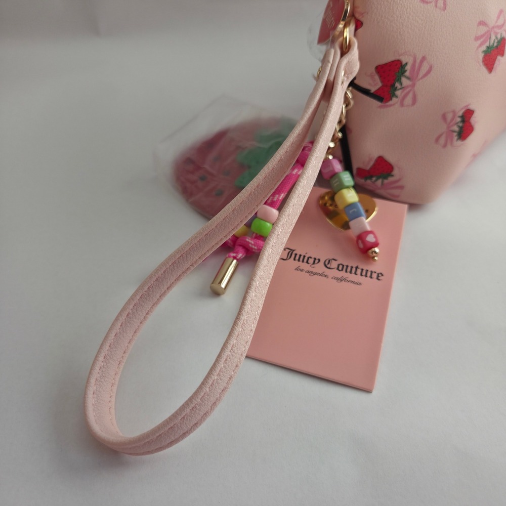Juicy Couture Wristlet Pouch Womens OS Pink NWT Strawberry Bow Print Makeup Bag - Picture 16 of 16